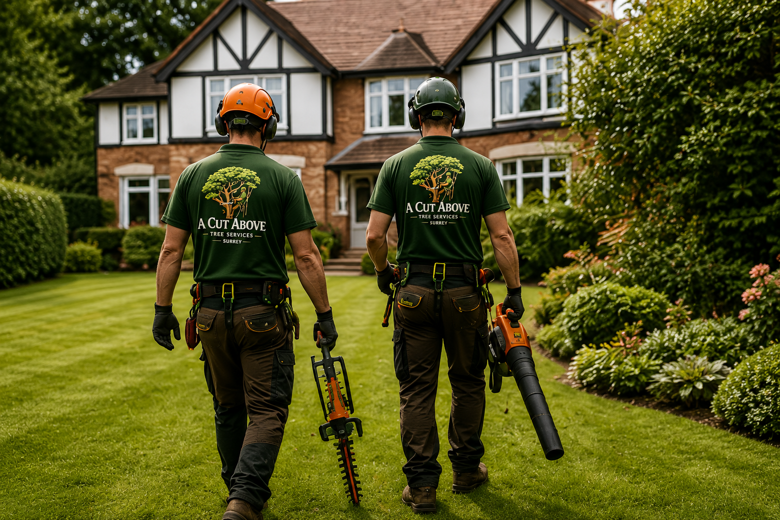 Two A Cut Above team members walking across a lawn at a Surrey home