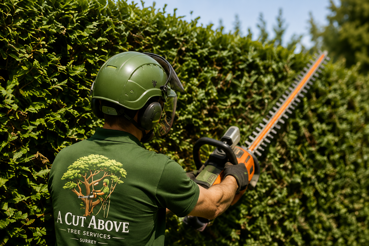 A Cut Above team member hedge trimming at a residential property