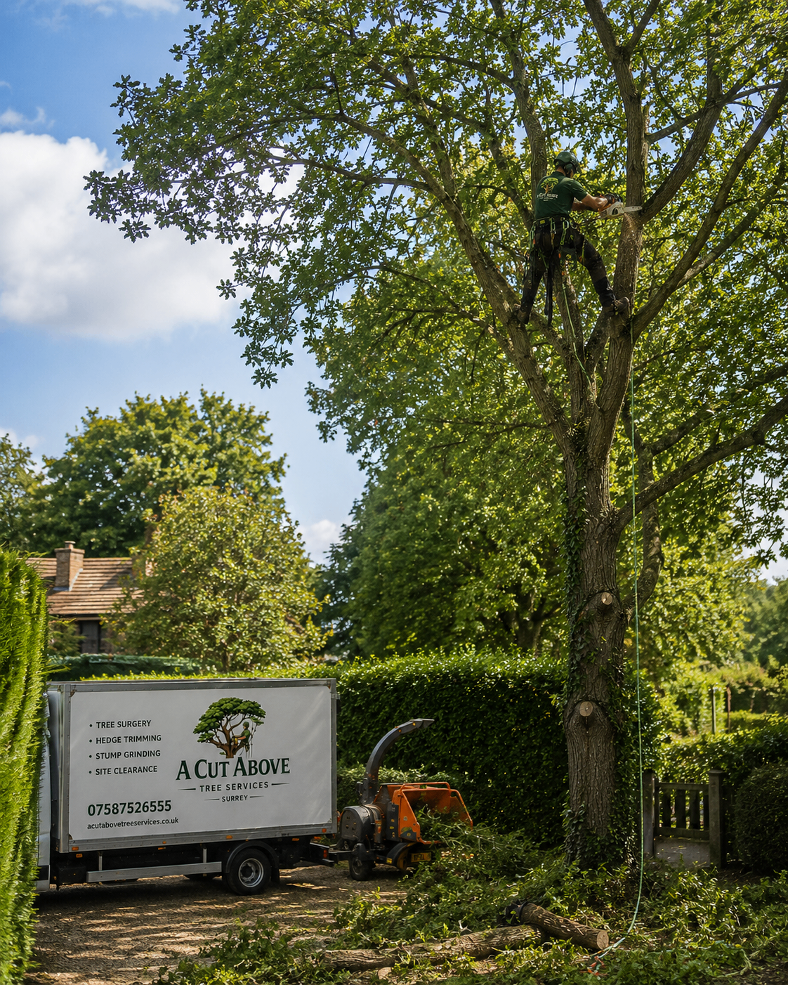 A Cut Above truck parked at a Surrey property while tree work is carried out